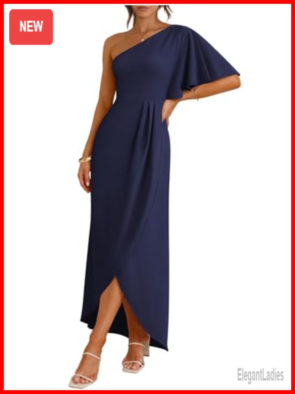 One Shoulder Formal Midi Dress Ruffled Cape Sleeve Side Slit